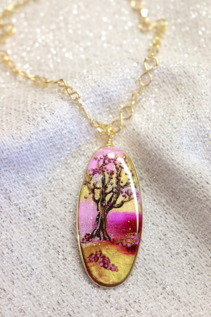 Beautiful Tree  &#38; Flowers Hand Painted Pendant Necklace by Felicia D. Roth rdcd